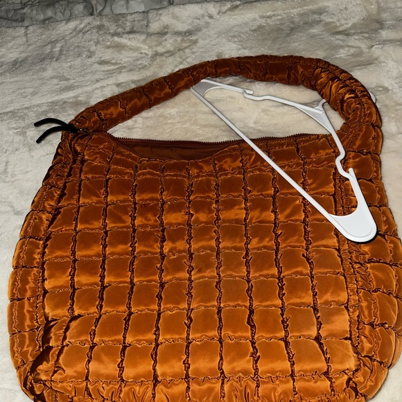 Orange Quilted Hobo Bag with Leather Finish - Picture 2 of 3